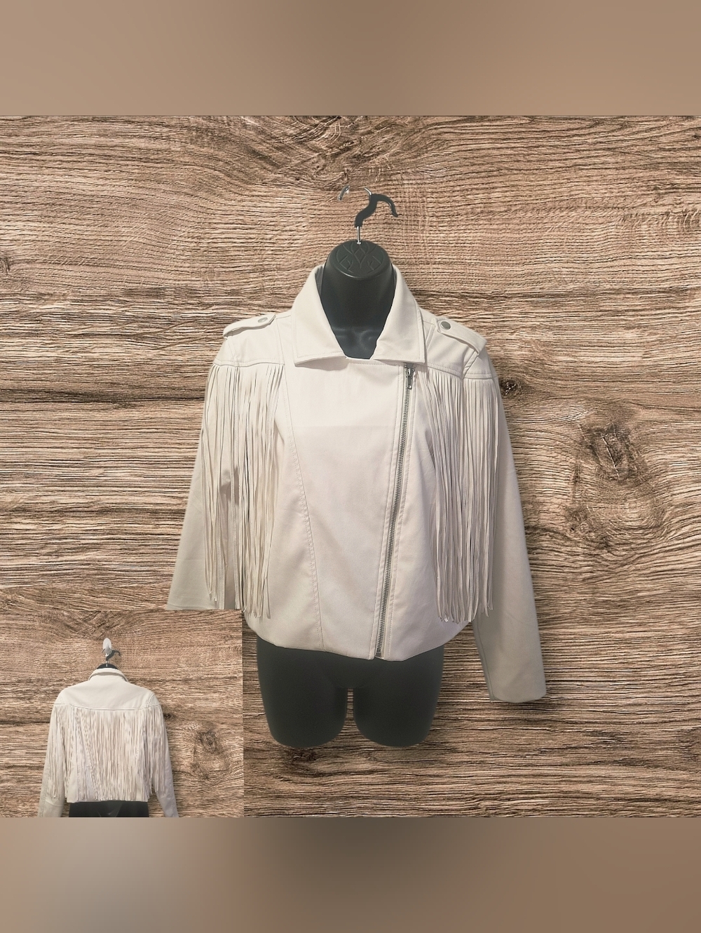 Main Strip Ivory Long Fringe Faux Leather Jacket NWOT